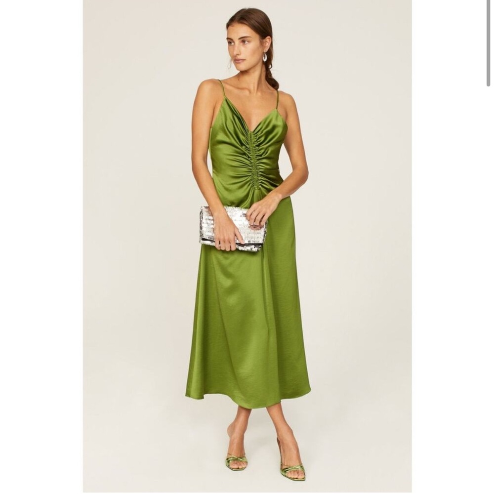 COPY - SANDRO Green Satin V-Neck Slip Style Ruched Hourglass Zola Dress Size US…